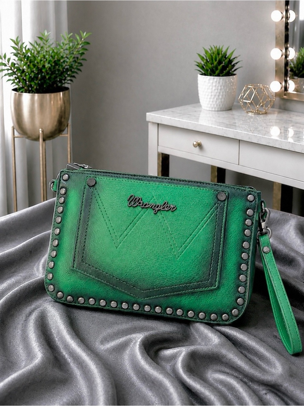 Wrangler Vibrant Green Studded Crossbody Bag/Wristlet
